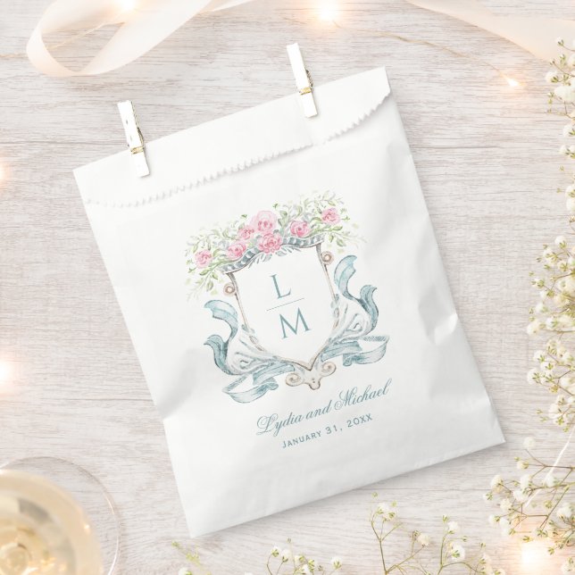 Elegant Rose Crest w/ Bow | Monogram Wedding Favour Bags (Clipped)