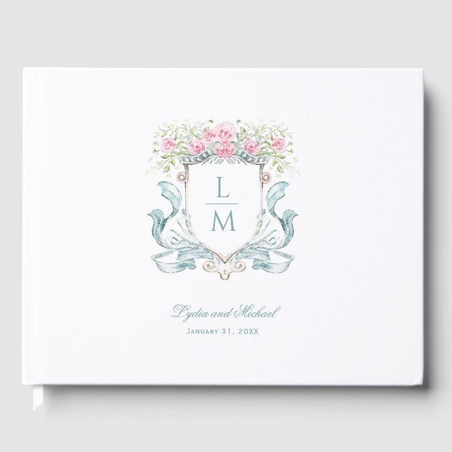 Elegant Rose Crest w/ Bow | Monogram Wedding Guest Book (Front)