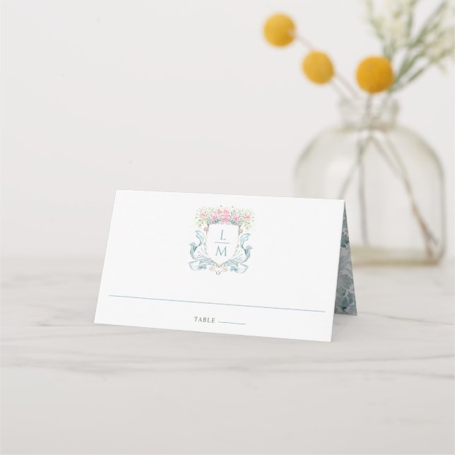 Elegant Rose Crest w/ Bow | Monogram Wedding Place Card (Front)