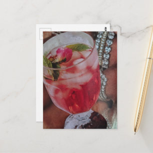 Elegant Rose Drink and Jewels Mixed Media Collage Postcard