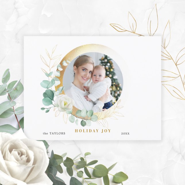 Elegant Rose, Eucalyptus and Round Gold Photo  Holiday Card (Creator Uploaded)