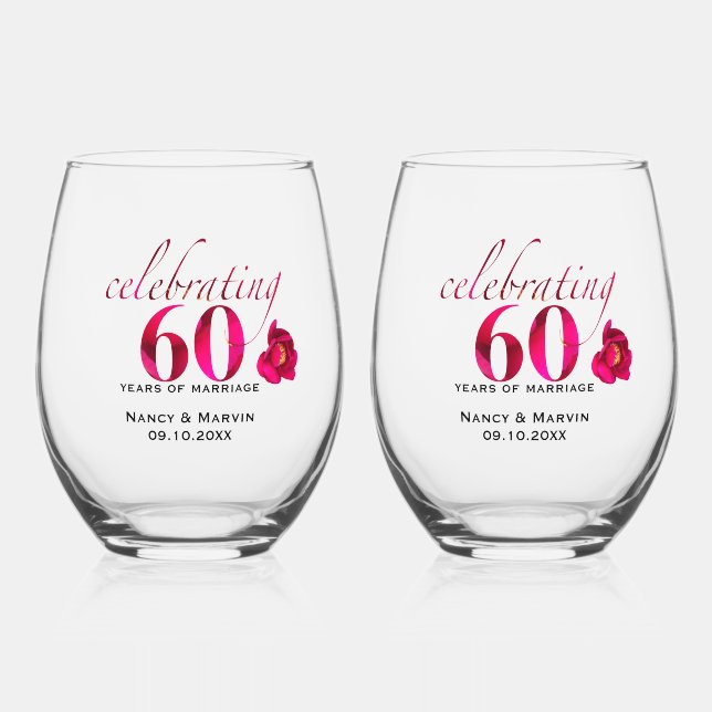 Elegant rose floral 60th Anniversary name date Stemless Wine Glass (Front)