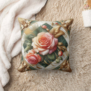 Elegant Rose Floral Design With Gold Accents Cushion