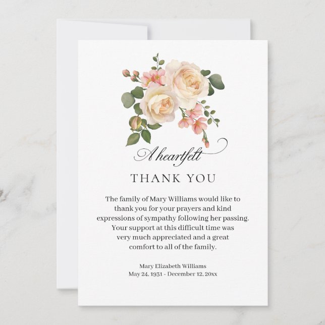 Elegant Rose Floral Funeral Thank You (Front)