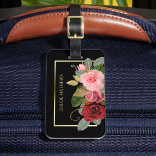 Elegant Rose Floral Gold Frame Luggage Tag
