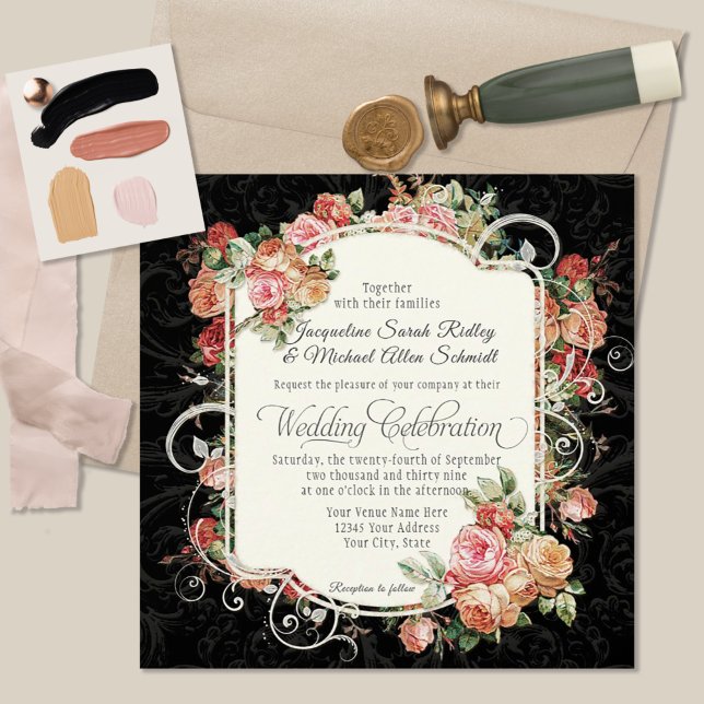 Elegant Rose Floral Muted Black Peach Blush Gold Invitation (Creator Uploaded)