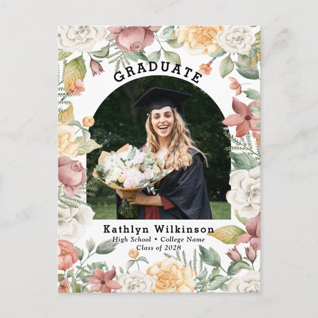 Elegant Rose Floral Photo Graduation Announcement  Postcard (Front)