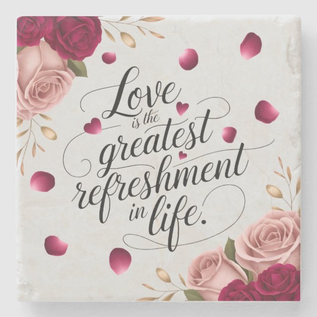 Elegant Rose Floral Quote Design Stone Coaster (Front)