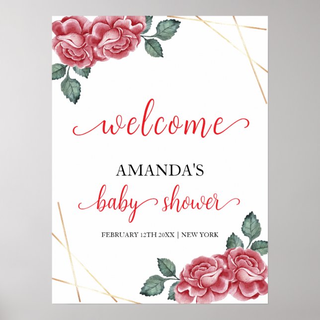 Elegant Rose Floral Sweetheart Baby Shower Welcome Poster (Front)