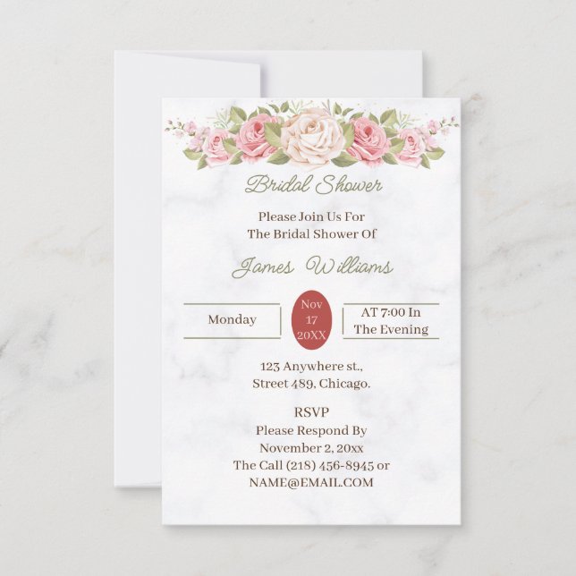 Elegant Rose Flower Custom Bridal Shower Invitation (Front)