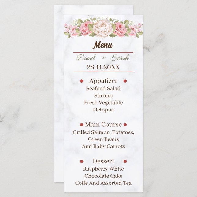 Elegant Rose Flower Custom Wedding Dinner Menu (Front/Back)