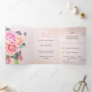 Elegant Rose Flower Custom Wedding Tri-Fold Invitation