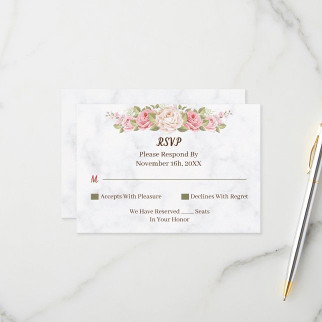 Elegant Rose Flower Personalised Wedding RSVP Card (Front/Back In Situ)