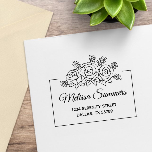 Elegant Rose Flowers Bouquet Frame Address Rubber Stamp (Creator Uploaded)