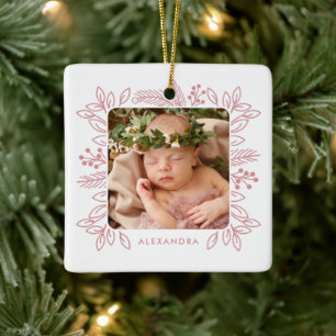 Elegant Rose Foliage Frame First Christmas Photo Ceramic Ornament