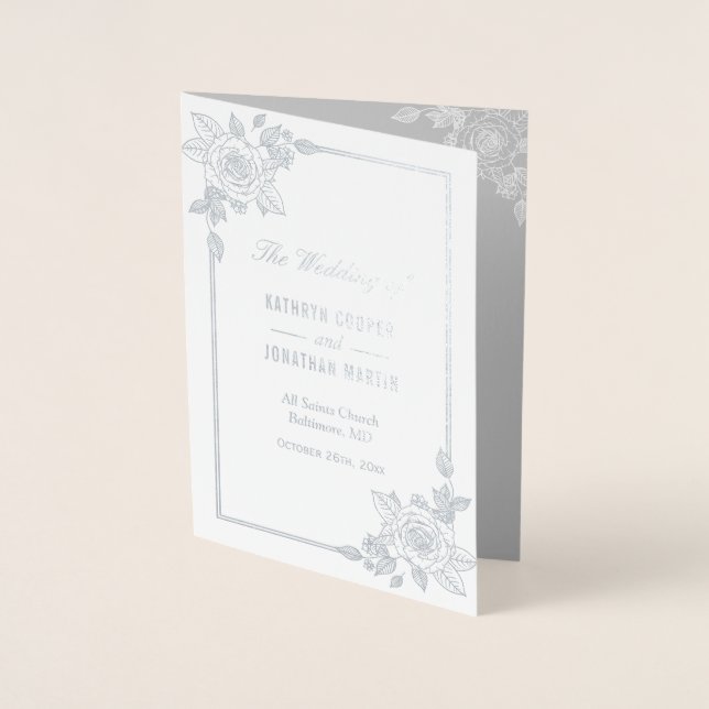Elegant Rose Frame Silver Foil Wedding Program Card (Front)
