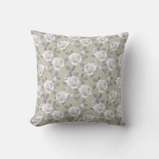Elegant Rose Garden in Light Sage Green Cushion