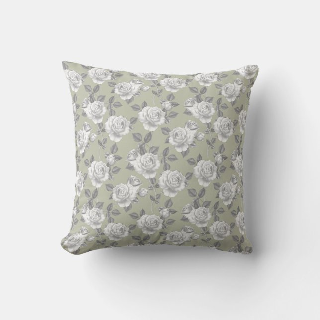 Elegant Rose Garden in Light Sage Green Cushion (Front)