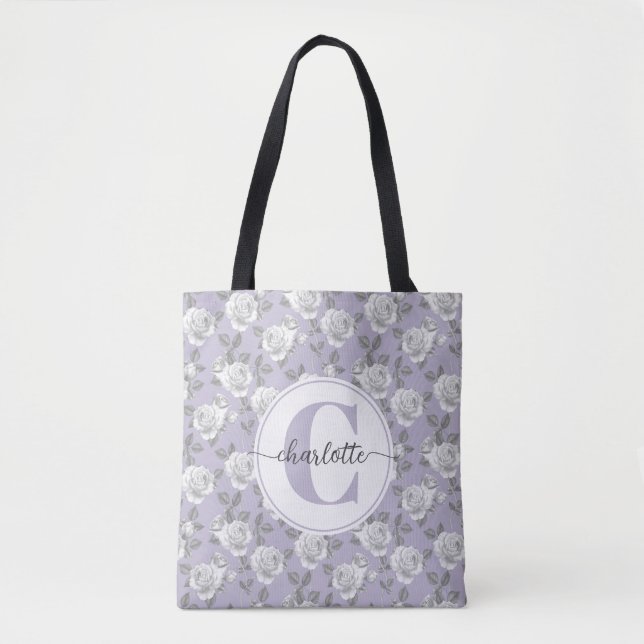 Elegant Rose Garden Monogram Lavender Tote Bag (Front)