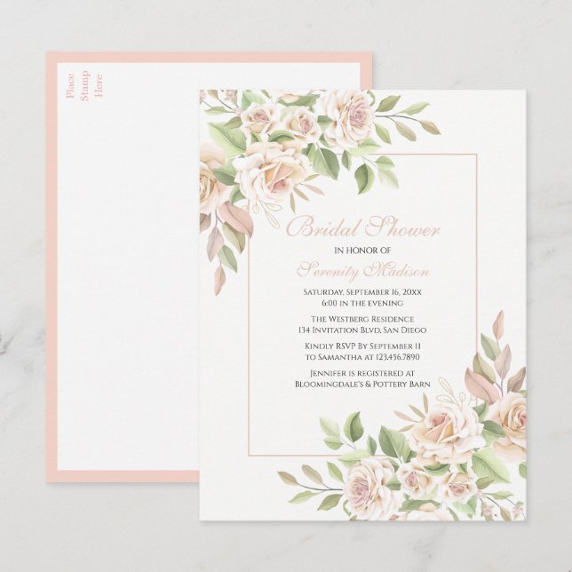 Elegant Rose Garden Pink Floral Bridal Shower Invitation Postcard (Front/Back)