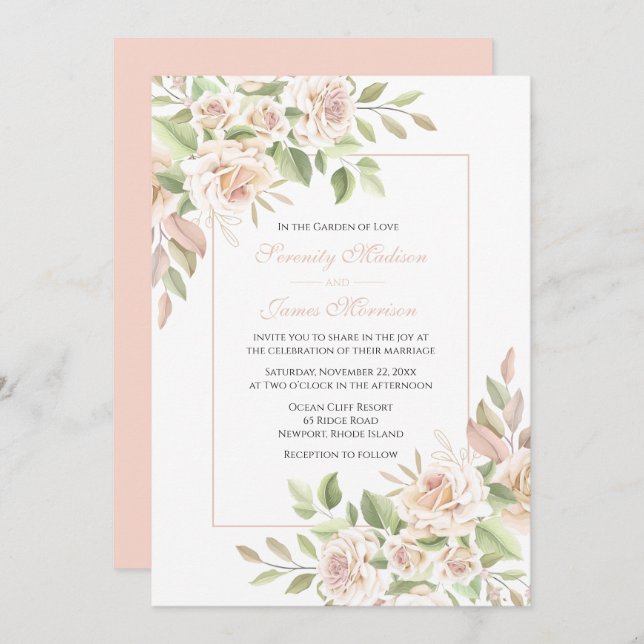 Elegant Rose Garden Pink Floral Wedding Invitation (Front/Back)