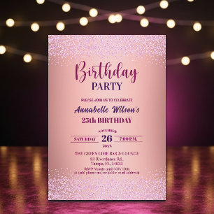 Elegant Rose Glitter Metallic Pink 25th Birthday Invitation