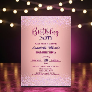 Elegant Rose Glitter Metallic Pink 39th Birthday  Invitation