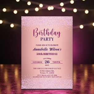 Elegant Rose Glitter Metallic Pink 50th Birthday Invitation