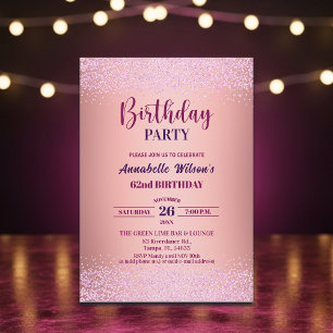 Elegant Rose Glitter Metallic Pink 62nd Birthday  Invitation