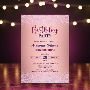 Elegant Rose Glitter Metallic Pink 80th Birthday Invitation