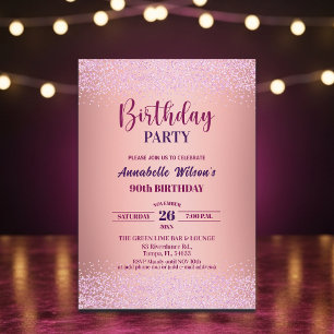 Elegant Rose Glitter Metallic Pink 90th Birthday Invitation