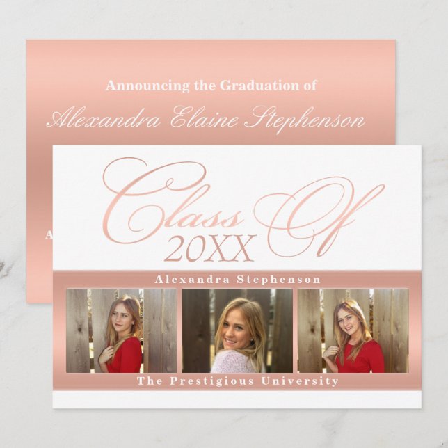 Elegant Rose Gold 3 Photo Graduation Announcement (Front/Back)