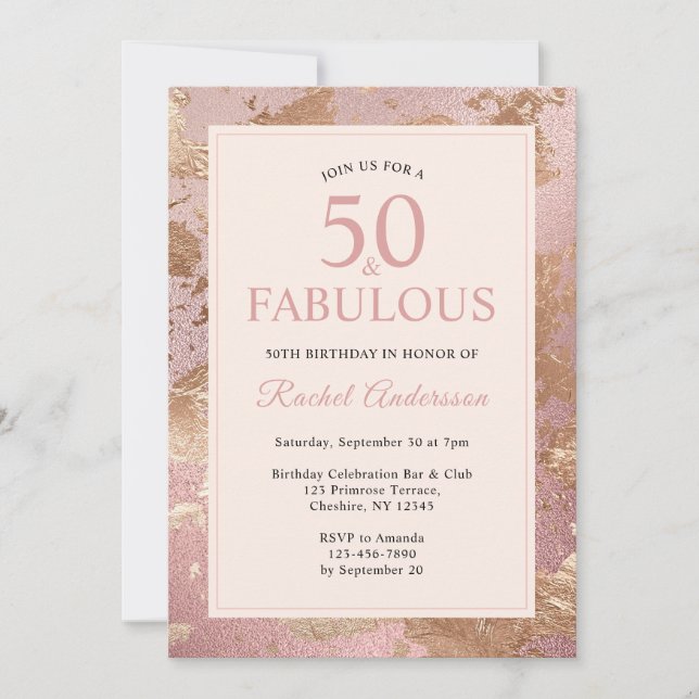 Elegant Rose Gold 50 and Fabulous 50th Birthday  Invitation (Front)