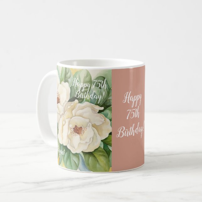 Elegant Rose Gold 75th Birthday Floral Add Name Coffee Mug (Front Left)