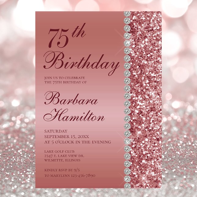 Elegant Rose Gold 75th Photo Birthday Party Invitation (Creator Uploaded)