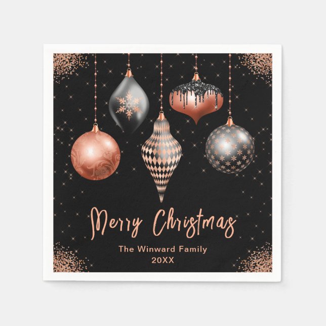 Elegant Rose Gold and Black Ornament Christmas Napkin (Front)