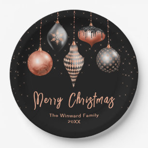 Elegant Rose Gold and Black Ornament Christmas Paper Plate
