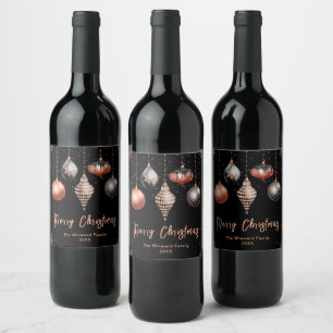 Elegant Rose Gold and Black Ornament Christmas Wine Label