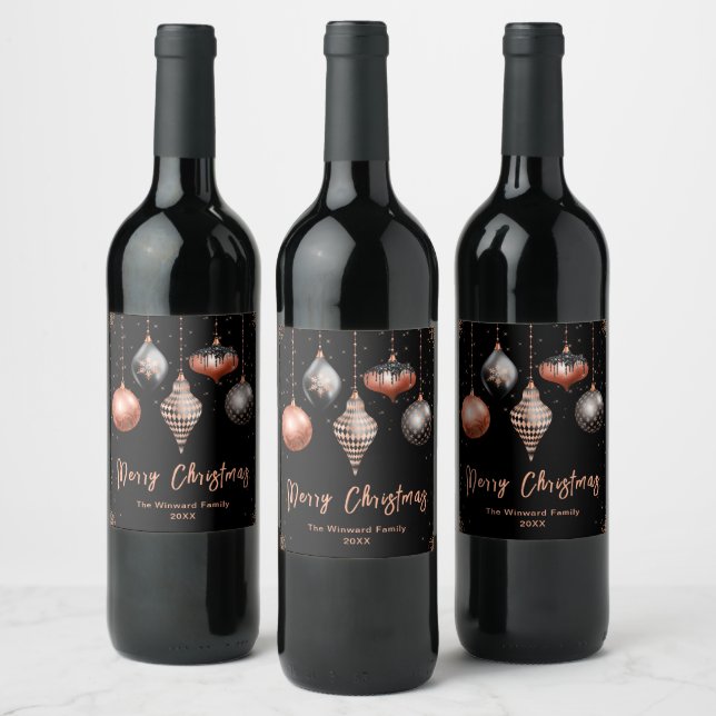 Elegant Rose Gold and Black Ornament Christmas Wine Label (Bottles)