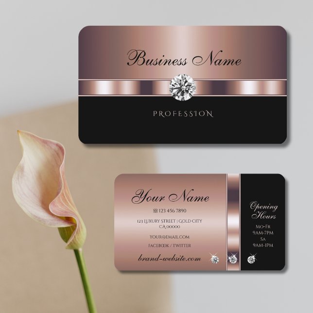 Elegant Rose Gold and Black with Faux Diamonds Business Card (Creator Uploaded)