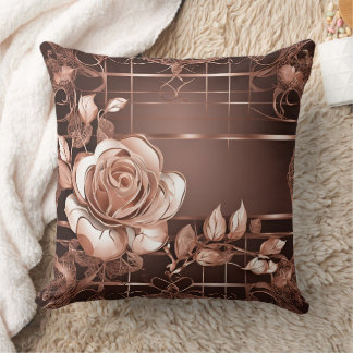 Elegant Rose Gold and Chocolate Brown Geometric Ro Cushion