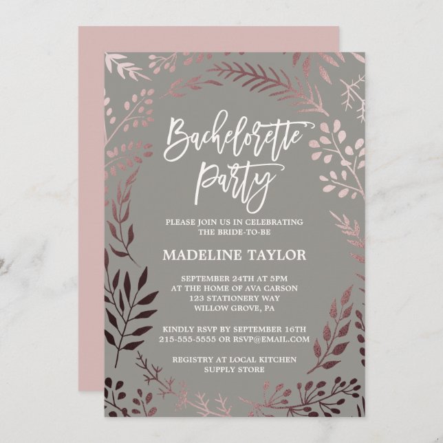 Elegant Rose Gold and Grey Bachelorette Party Invitation (Front/Back)