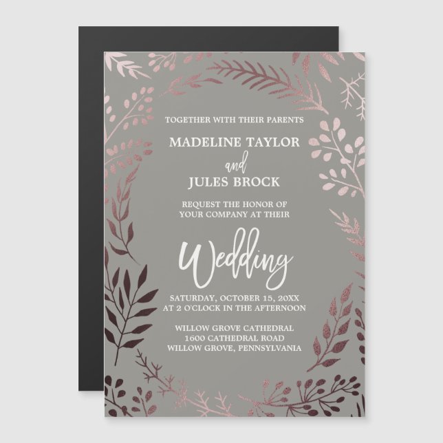Elegant Rose Gold and Grey | Leafy Frame Wedding Magnetic Invitation (Front/Back)