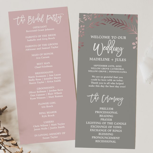Elegant Rose Gold and Grey Wedding Program Programme (Creator Uploaded)
