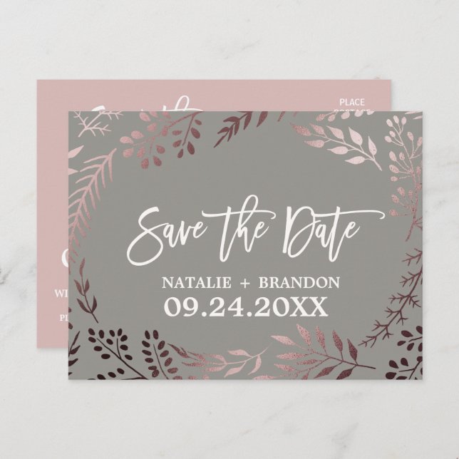 Elegant Rose Gold and Grey Wedding Save the Date Announcement Postcard (Front/Back)
