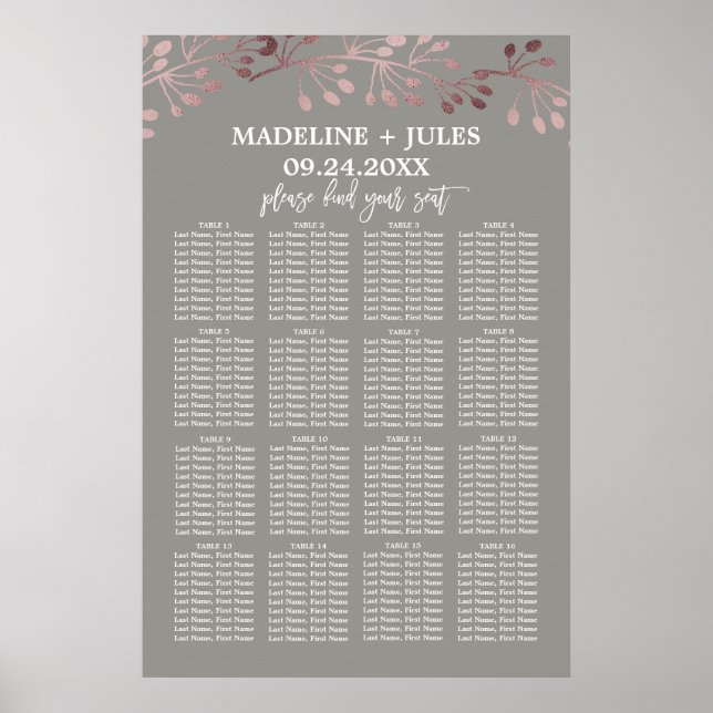 Elegant Rose Gold and Grey Wedding Seating Chart (Front)