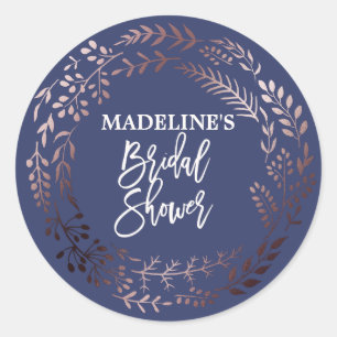 Elegant Rose Gold and Navy Bridal Shower Classic Round Sticker
