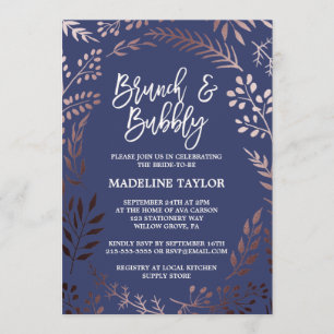 Elegant Rose Gold and Navy Brunch and Bubbly Invitation