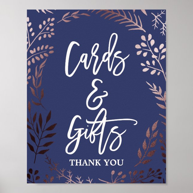 Elegant Rose Gold and Navy Cards & Gifts Sign (Front)
