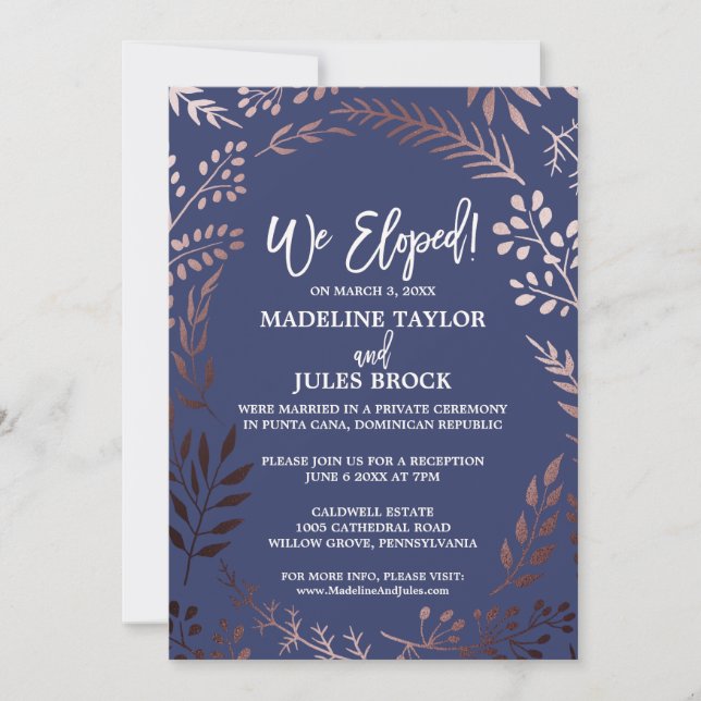 Elegant Rose Gold and Navy Elopement Reception Invitation (Front)